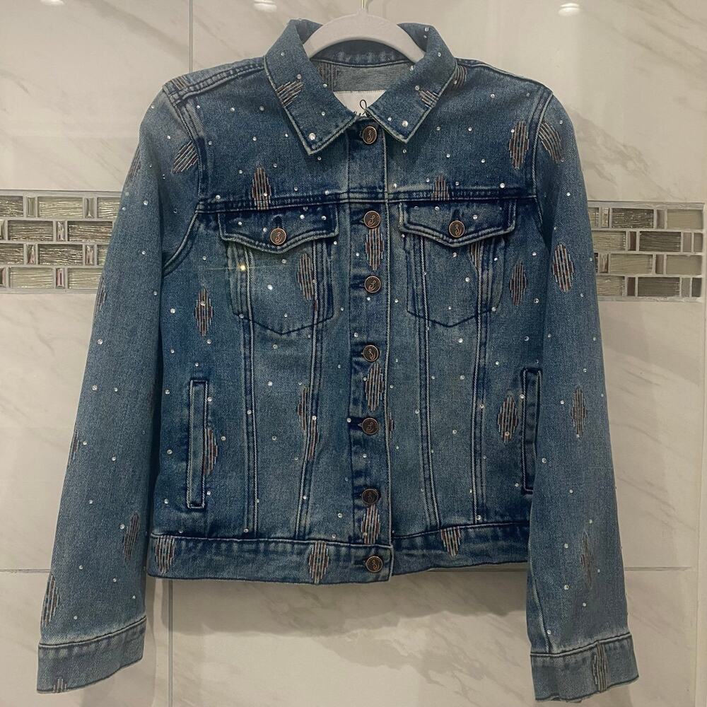 Sam Edelman Rhinestones & Embroidery Y2K Long Sleeve Denim Jacket
